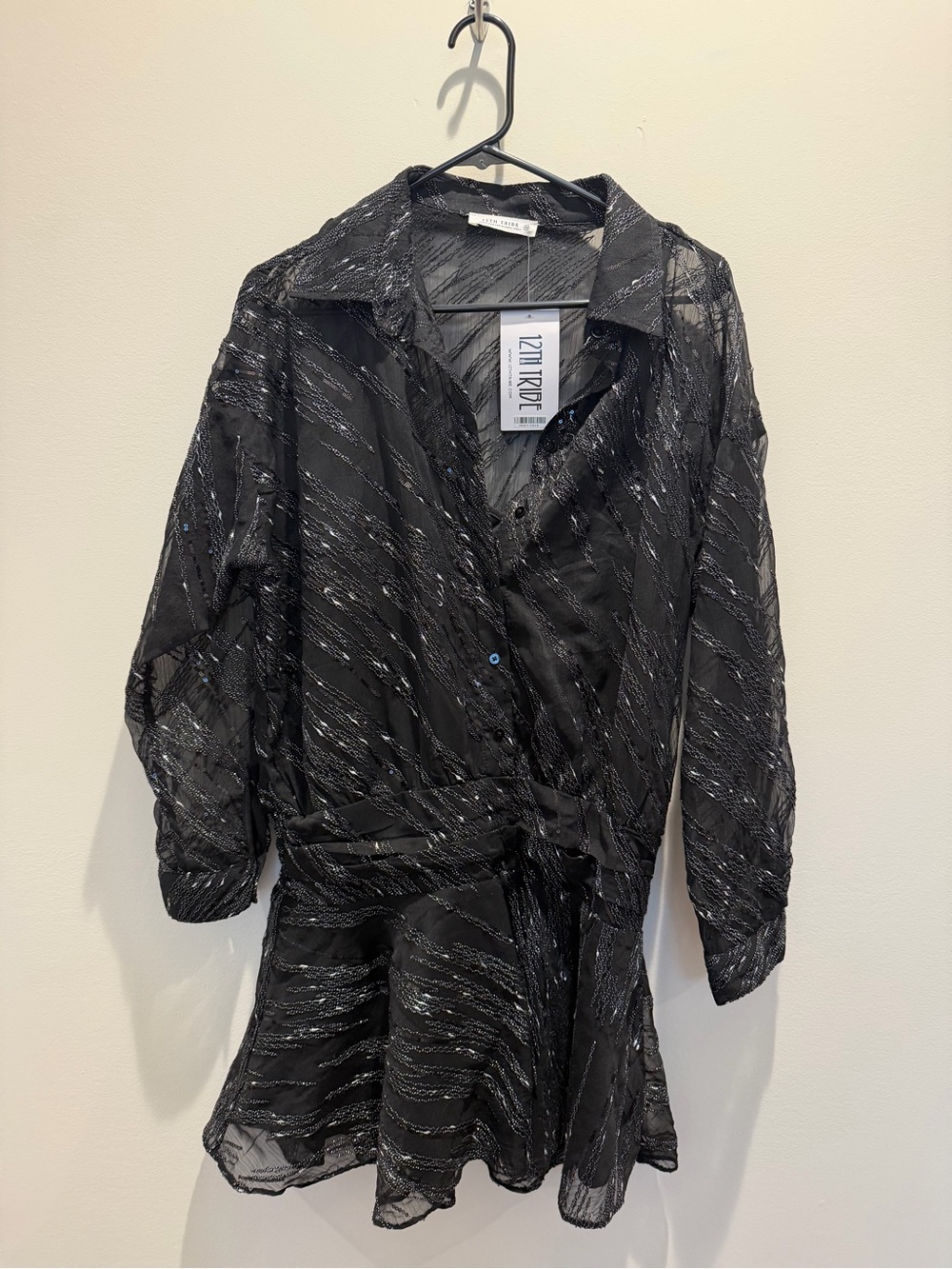 12th Tribe Black Sheer Sequin-Striped Blouse